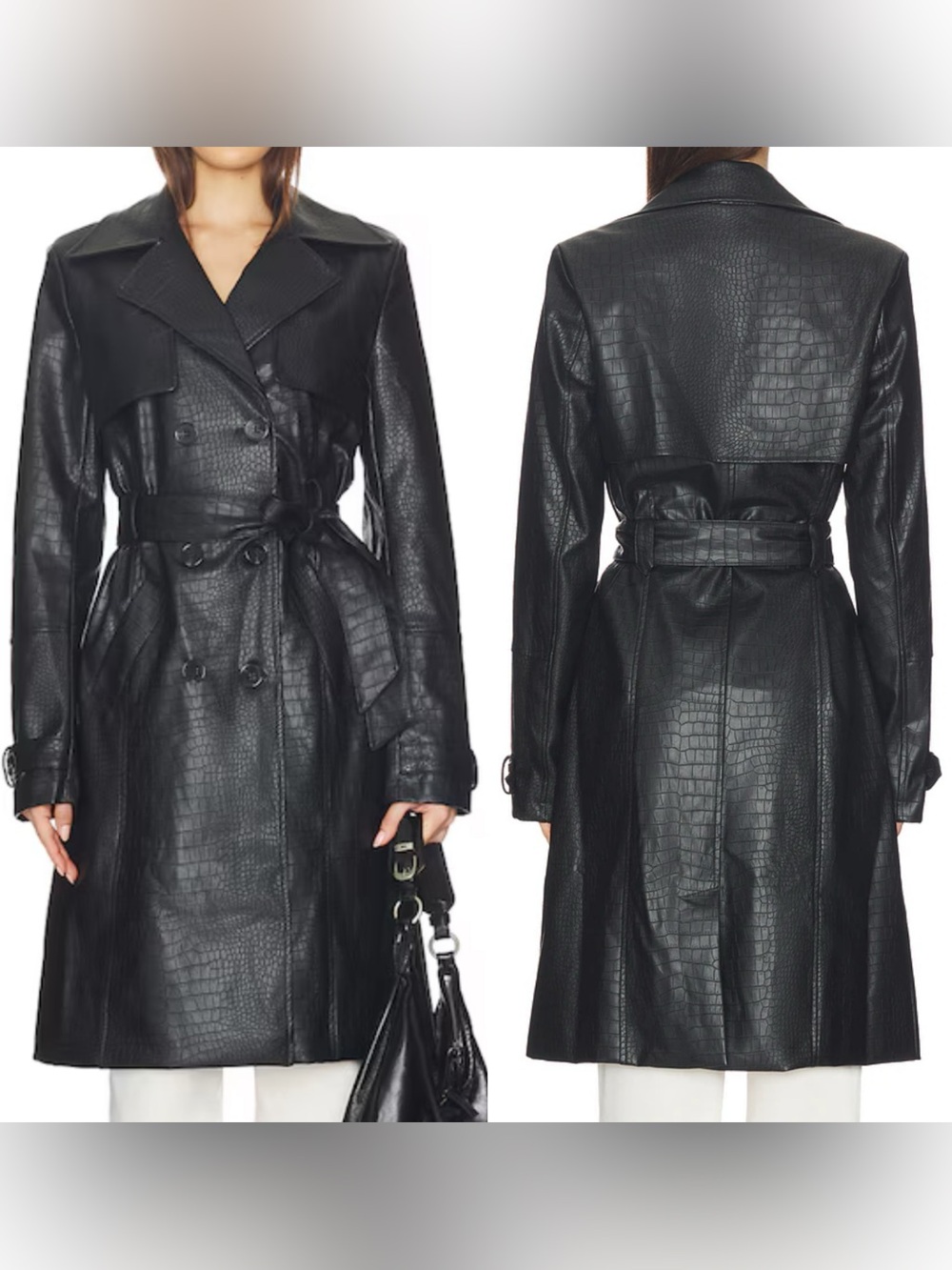 . Superdown Black Faux Leather Animal Print Button Up Belted Trench Coat
